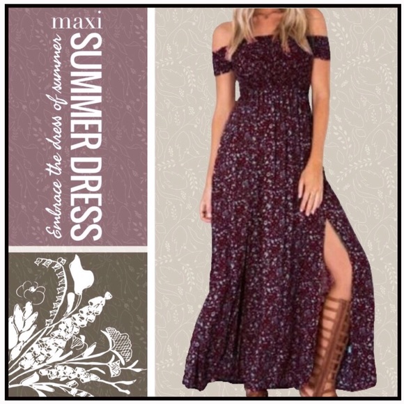 Boutique Dresses & Skirts - Smocked Floral Dress in Aubergine